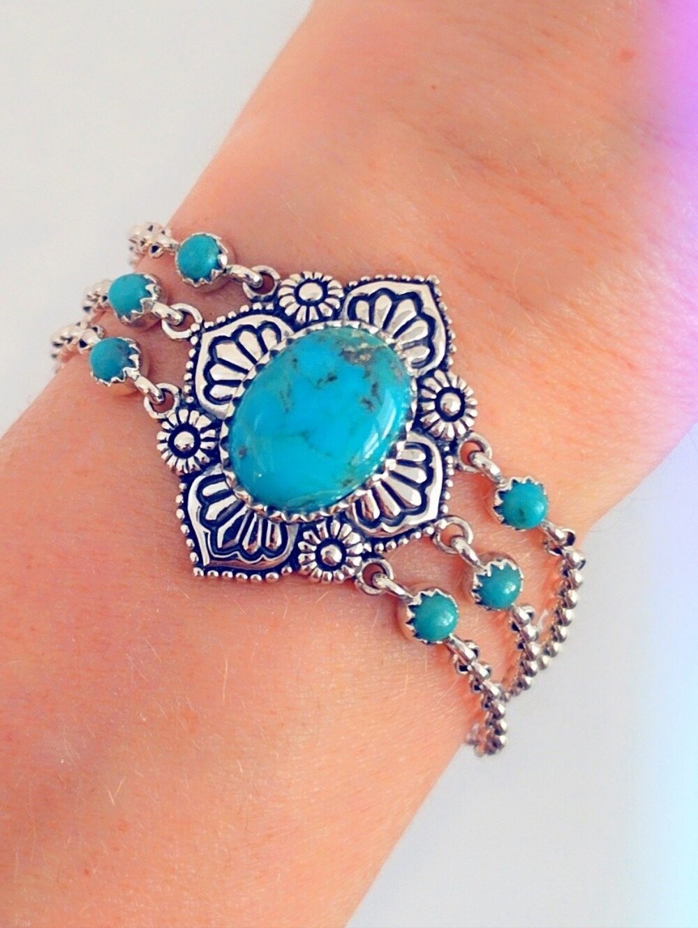 Estate Turquoise Southwestern Bohemian Bracelet Sterling Silver 925